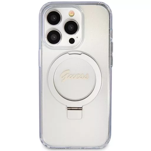GUESS tok iPhone 15 Pro Magsafe kompatibilis GUHMP15LHRSGSD (Glitter Script Logo Ring stand) átlátszó