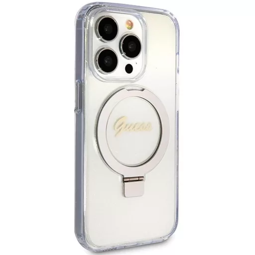 GUESS tok iPhone 15 Pro Magsafe kompatibilis GUHMP15LHRSGSD (Glitter Script Logo Ring stand) átlátszó