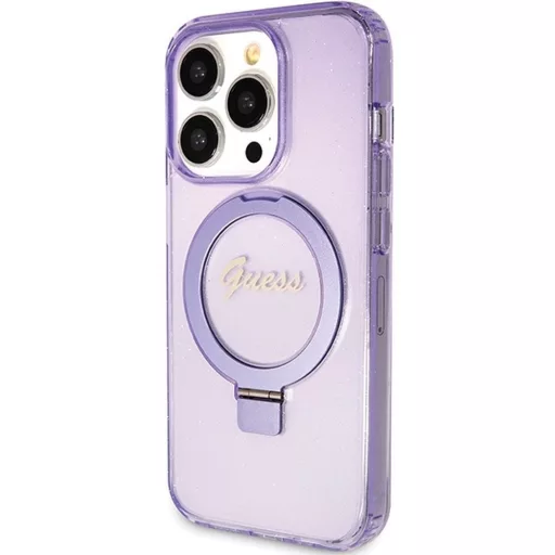 GUESS tok GUHMP15XHRSGSU iPhone 15 Pro Max (Magsafe kompatibilis / Glitter Script Logo / Ring stand / lila)