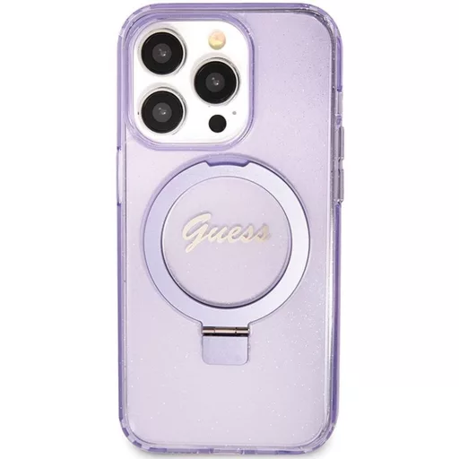 GUESS tok GUHMP15XHRSGSU iPhone 15 Pro Max (Magsafe kompatibilis / Glitter Script Logo / Ring stand / lila)