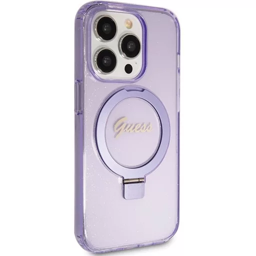 GUESS tok GUHMP15XHRSGSU iPhone 15 Pro Max (Magsafe kompatibilis / Glitter Script Logo / Ring stand / lila)