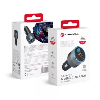  Forcell F-Energy autós töltő Alu 2×USB-C + USB-A QC4.0 PD SFC2.0 4,5A 65W szürke