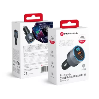   Forcell F-Energy autós töltő Alu 2×USB-C + USB-A QC4.0 PD SFC2.0 3A 85W szürke