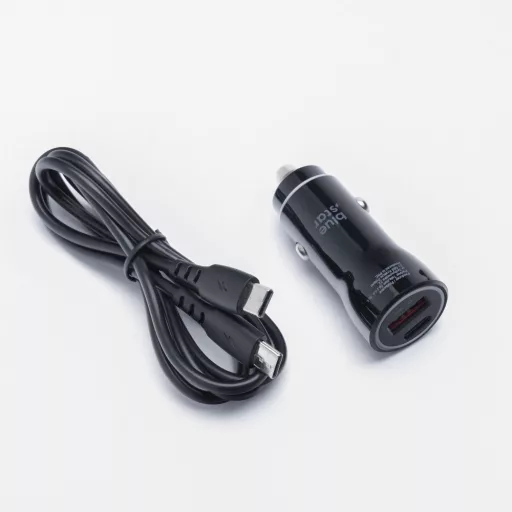 Blue Star autós töltő USB-C + USB-A QC3.0 PD AFC PPS 3A 25W + USB-C – USB-C kábel fekete