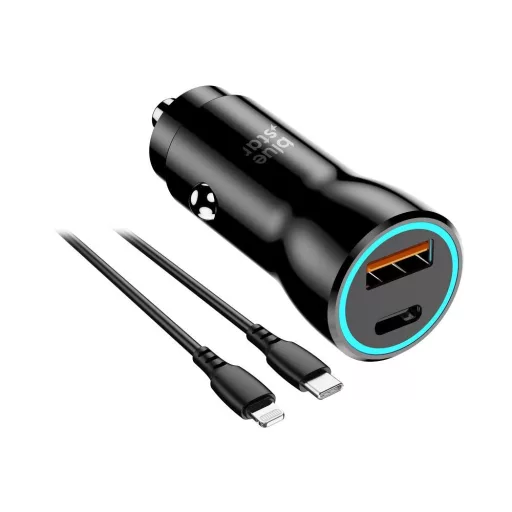 Blue Star autós töltő USB-C + USB-A QC3.0 PD AFC PPS 3A 25W + USB-C – Lightning kábel fekete