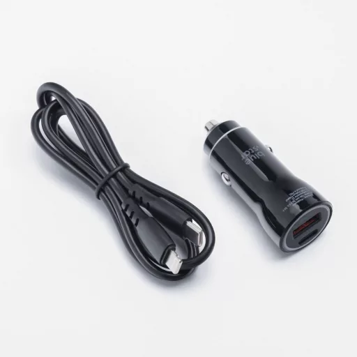 Blue Star autós töltő USB-C + USB-A QC3.0 PD AFC PPS 3A 25W + USB-C – Lightning kábel fekete