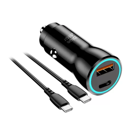 Blue Star autós töltő USB-C + USB-A QC3.0 PD AFC PPS 3A 30W + USB-C – USB-C kábel fekete