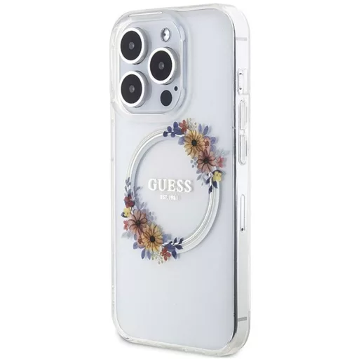 GUESS tok iPhone 15 Pro MagSafe kompatibilis GUHMP15LHFWFCT (Flowers Wreath) átlátszó