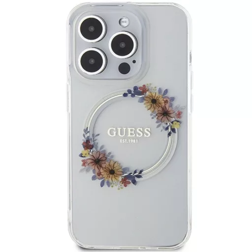 GUESS tok iPhone 15 Pro MagSafe kompatibilis GUHMP15LHFWFCT (Flowers Wreath) átlátszó