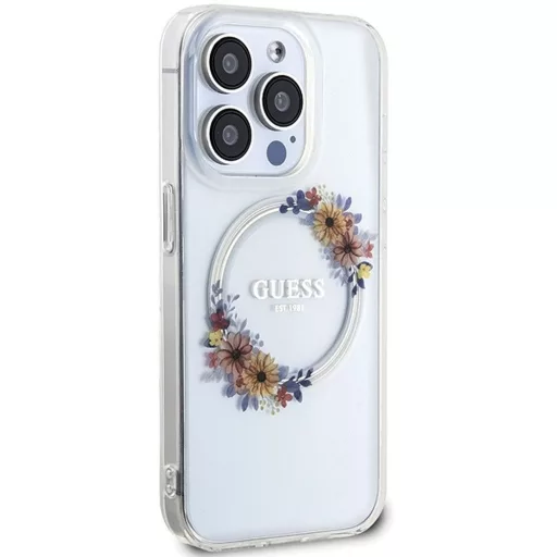 GUESS tok iPhone 15 Pro MagSafe kompatibilis GUHMP15LHFWFCT (Flowers Wreath) átlátszó