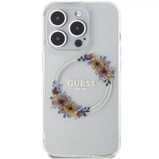 GUESS tok iPhone 15 Pro Max Magsafe kompatibilis GUHMP15XHFWFCT (Flowers Wreath) átlátszó