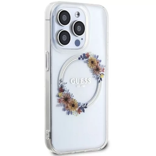 GUESS tok iPhone 15 Pro Max Magsafe kompatibilis GUHMP15XHFWFCT (Flowers Wreath) átlátszó