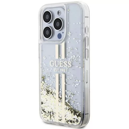 GUESS tok iPhone 15 Pro GUHCP15LLFCSEGT (Liquid Glitter arany Stripes) átlátszó
