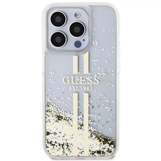 GUESS tok iPhone 15 Pro GUHCP15LLFCSEGT (Liquid Glitter arany Stripes) átlátszó