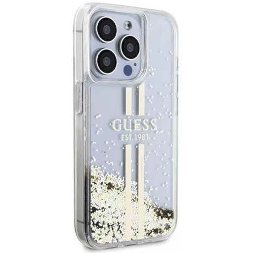 GUESS tok iPhone 15 Pro GUHCP15LLFCSEGT (Liquid Glitter arany Stripes) átlátszó