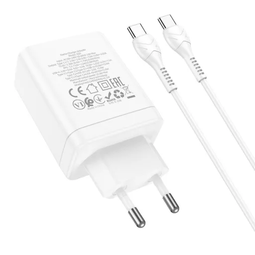Hoco hálózati töltő 2×USB-C + USB-A QC3.0 PD 3A 35W + USB-C – USB-C kábel N33 fehér