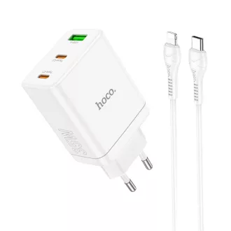   Hoco hálózati töltő 2×USB-C + USB-A QC3.0 PD 3A 35W + USB-C – Lightning kábel N33 fehér