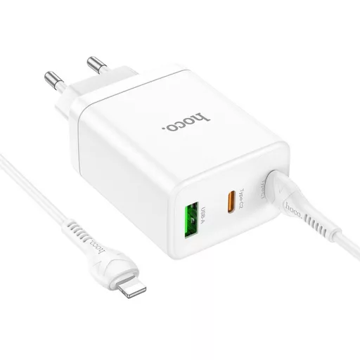 Hoco hálózati töltő 2×USB-C + USB-A QC3.0 PD 3A 35W + USB-C – Lightning kábel N33 fehér