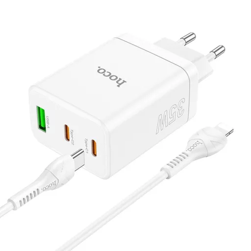 Hoco hálózati töltő 2×USB-C + USB-A QC3.0 PD 3A 35W + USB-C – Lightning kábel N33 fehér