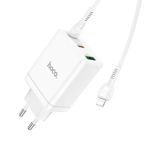 Hoco hálózati töltő 2×USB-C + USB-A QC3.0 PD 3A 35W + USB-C – Lightning kábel N33 fehér