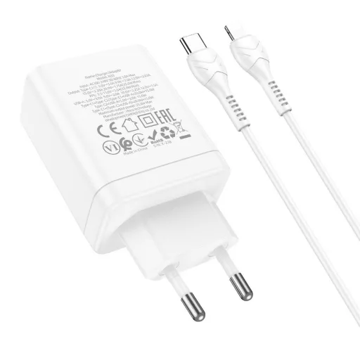 Hoco hálózati töltő 2×USB-C + USB-A QC3.0 PD 3A 35W + USB-C – Lightning kábel N33 fehér