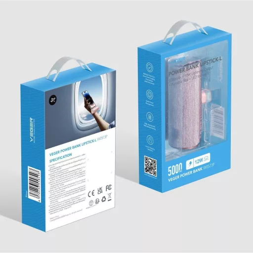 Powerbank Veger PlugOn (W0573P) PD QC3.0 2,4A 12W 5000 mAh with a built-in connector Lightning rózsaszín