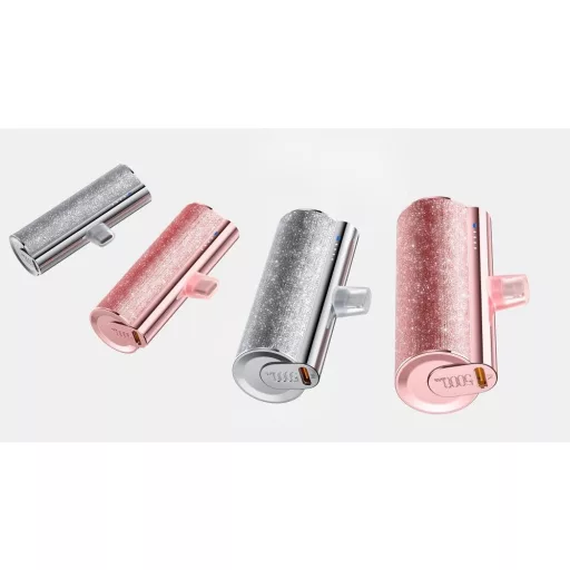 Veger powerbank PlugOn (W0573) PD QC3.0 2,4A 12W 5000 mAh beépített USB-C csatlakozóval rózsaszín