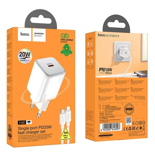 Hoco hálózati töltő USB-C QC PD 20W + USB-C – Lightning kábel N40 fehér