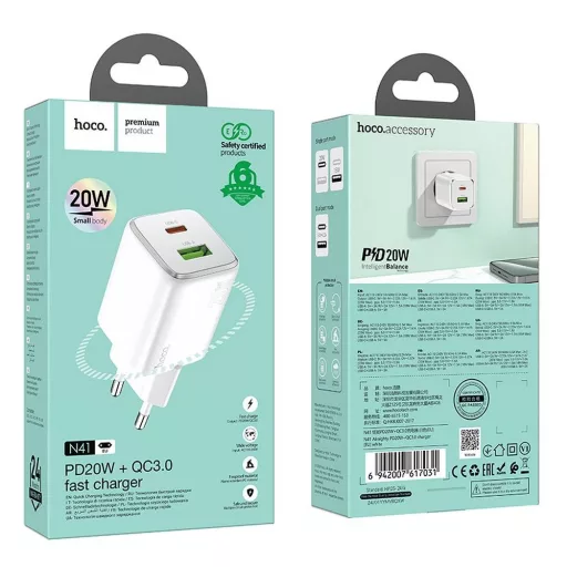 Hoco hálózati töltő USB-A + USB-C QC3.0 PD 3A 20W N41 fehér