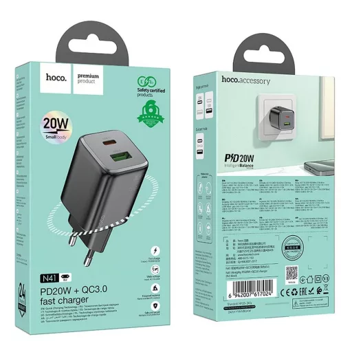 Hoco hálózati töltő USB-A + USB-C QC3.0 PD 3A 20W N41 fekete
