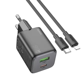   Hálózati töltő USB-A + USB-C QC PD 3A 20W + USB-C – Lightning kábel N41 fekete
