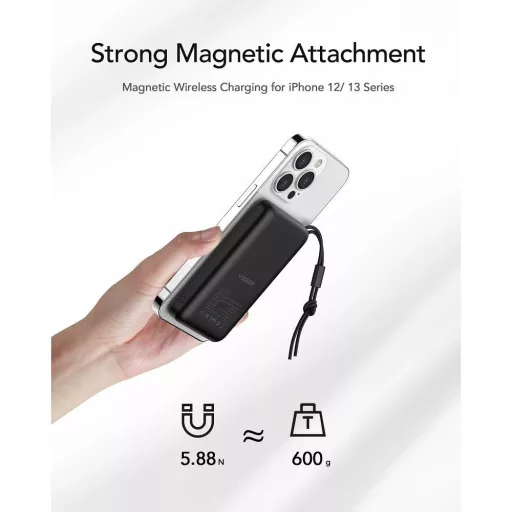 Veger MagSafe kompatibilis powerbank MagOn VP1151 / W1151 PD QC3.0 2A 20W 10000 mAh vezeték nélküli töltéssel fekete