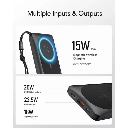 Veger MagSafe kompatibilis powerbank MagOn VP1151 / W1151 PD QC3.0 2A 20W 10000 mAh vezeték nélküli töltéssel fekete