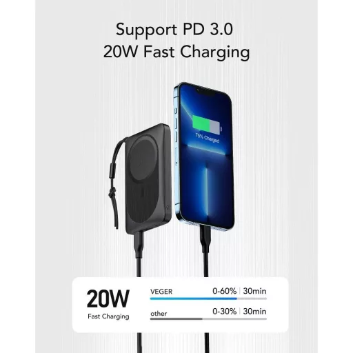 Veger MagSafe kompatibilis powerbank MagOn VP1151 / W1151 PD QC3.0 2A 20W 10000 mAh vezeték nélküli töltéssel fekete