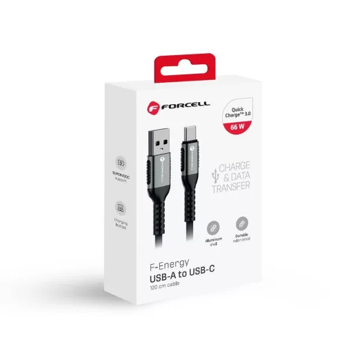 Forcell F-Energy USB-A – USB-C töltőkábel QC4.0 Cafule C256 3A 66W 1,2 m fekete