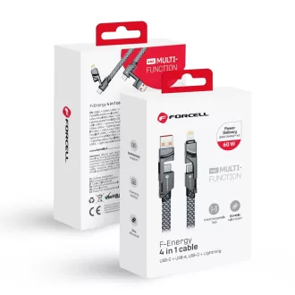   Forcell F-Energy C241 4 az 1-ben USB-C / USB-A töltőkábel (USB-C / Lightning) QC PD 3A 60W 1 m króm