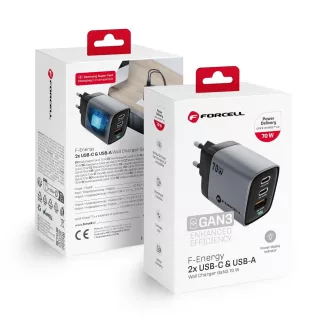   Forcell F-Energy hálózati töltő GaN III 2×USB-C + USB-A QC4.0 PD 3,45A 70W SFC2.0 LCD kijelzővel VT-37 szürke