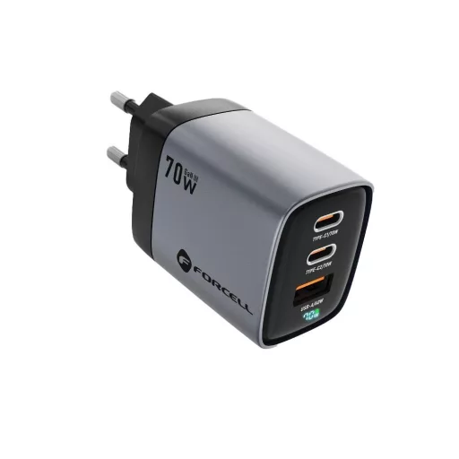 Forcell F-Energy hálózati töltő GaN III 2×USB-C + USB-A QC4.0 PD 3,45A 70W SFC2.0 LCD kijelzővel VT-37 szürke