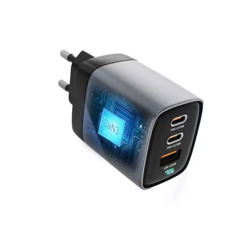 Forcell F-Energy hálózati töltő GaN III 2×USB-C + USB-A QC4.0 PD 3,45A 70W SFC2.0 LCD kijelzővel VT-37 szürke