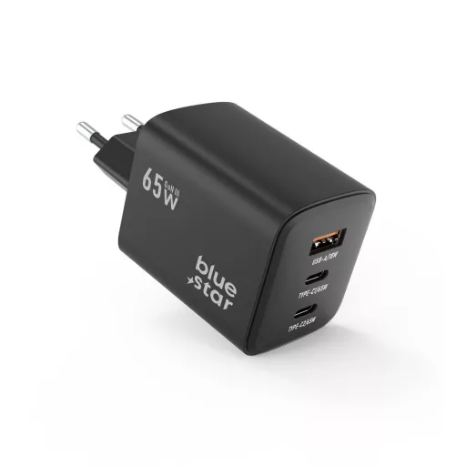 Blue Star hálózati töltő GaN 2×USB-C + USB-A QC4.0 PD 4A 65W VT-43 fekete