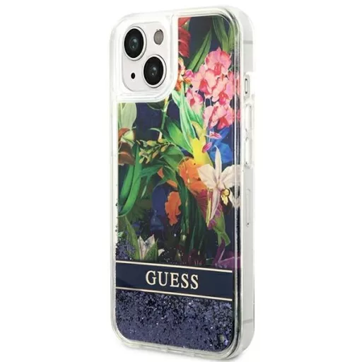 GUESS tok iPhone 13 / 14 / 15 GUHCP14SLFLSB (Flower Liquid Glitter) kék