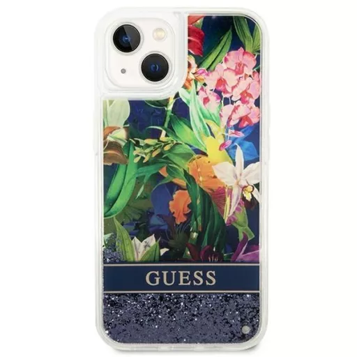 GUESS tok iPhone 13 / 14 / 15 GUHCP14SLFLSB (Flower Liquid Glitter) kék