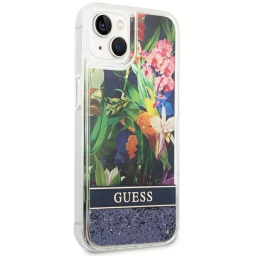 GUESS tok iPhone 13 / 14 / 15 GUHCP14SLFLSB (Flower Liquid Glitter) kék
