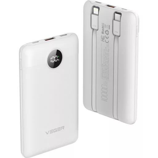 Veger powerbank C11 W1170 PD QC3.0 2A 22,5W 10000 mAh beépített USB-C / Lightning kábelekkel fehér