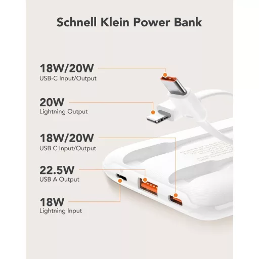 Veger powerbank C11 W1170 PD QC3.0 2A 22,5W 10000 mAh beépített USB-C / Lightning kábelekkel fehér