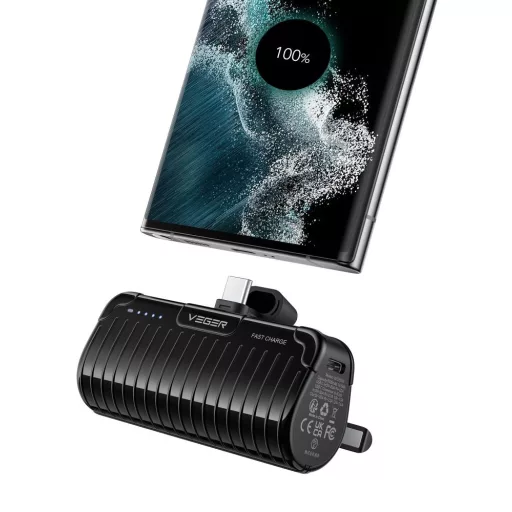 Veger powerbank PlugOn (W0558) PD QC3.0 3A 20W 5000 mAh beépített USB-C csatlakozóval fekete