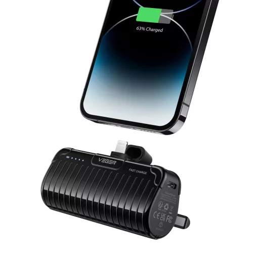 Veger powerbank PlugOn (W0558P) PD QC3.0 2,4A 20W 5000 mAh beépített Lightning csatlakozóval fekete