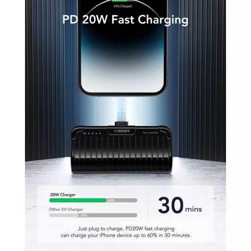 Veger powerbank PlugOn (W0558P) PD QC3.0 2,4A 20W 5000 mAh beépített Lightning csatlakozóval fekete