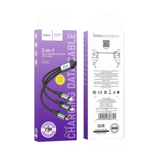 Hoco X102 3 az 1-ben USB-A töltőkábel (Lightning / Micro USB / USB-C) 2,4A 1 m fekete