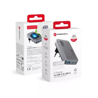   Forcell F-Energy hálózati töltő Ultra Slim GaN III 2×USB-C + USB-A QC4.0 PD 4A 65W VT-47 szürke